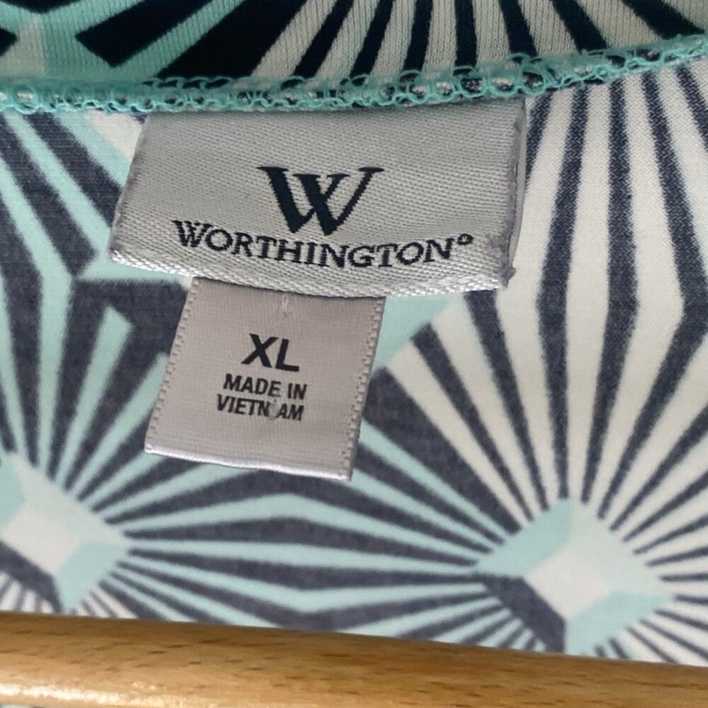 Worthington Top XL Womens Geometric Blue SS Puff Pullover Blouse Colorful Print - Picture 5 of 11